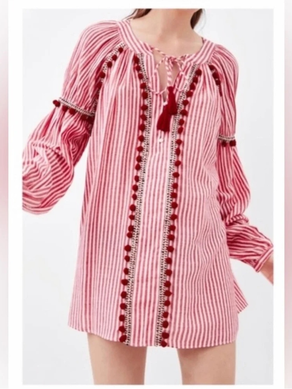 ZARA TRF Collection Small Red‎ & White Stripe Pom Pom Tassel Tunic Top